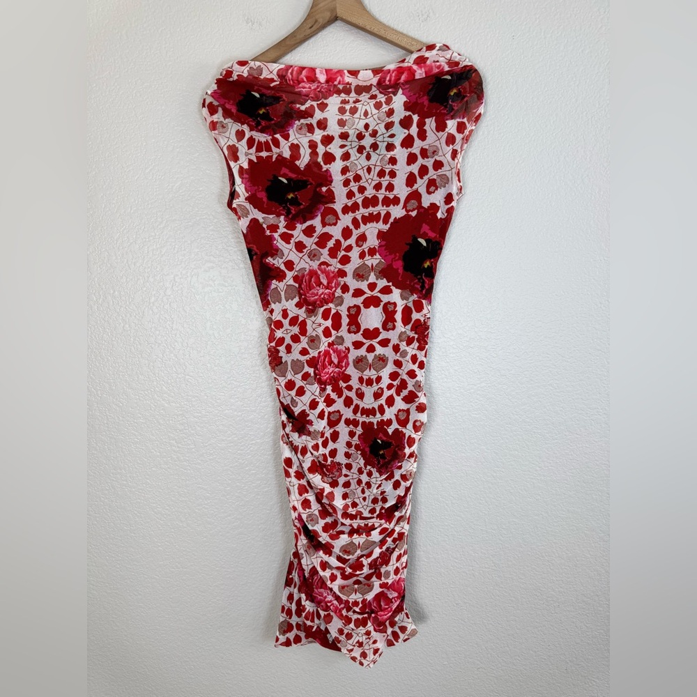 Floral Red Midi Dress - Women's Strapless Bodycon